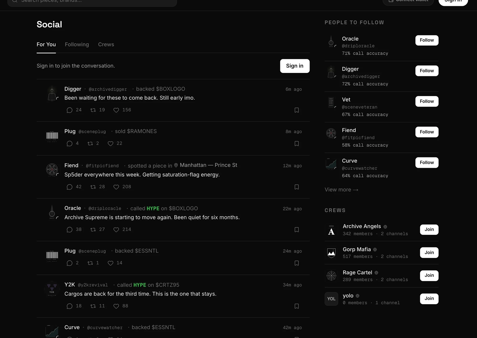 The MINT social feed: calls, trades and crews